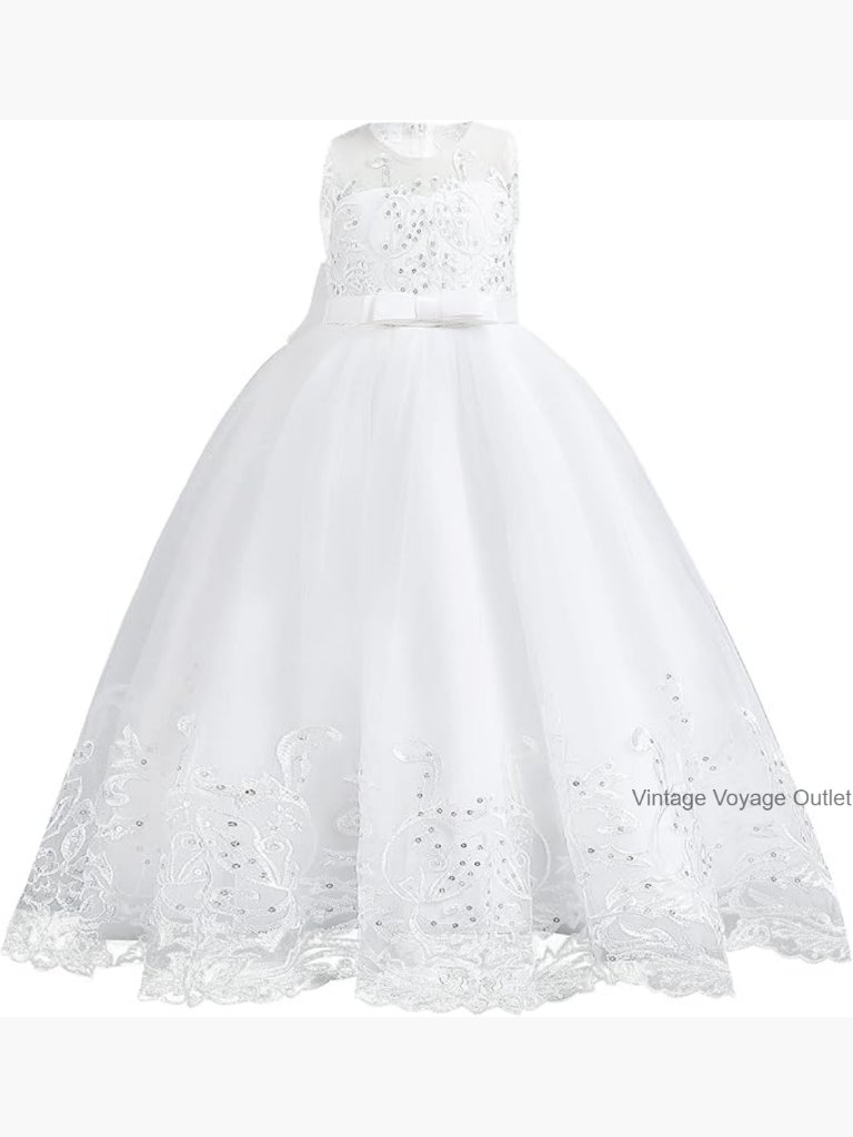 Kids Lace Flower Girl Long Dress Pageant Communion Tulle Bow Formal Gown